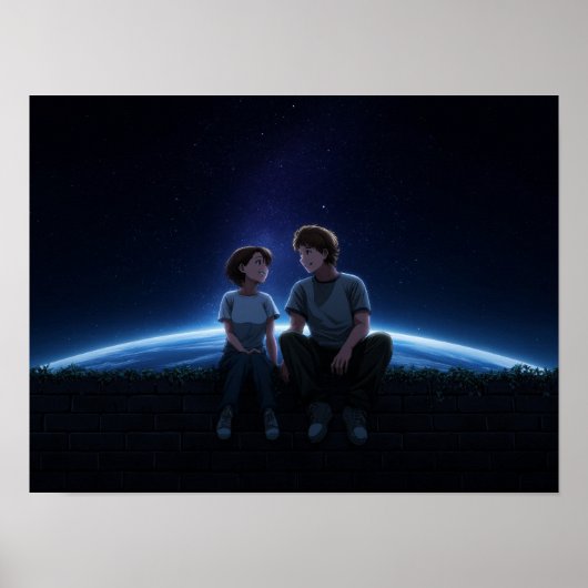 Romantic Anime Couple Sitting Under Starry Cosmos Poster (Voorkant)