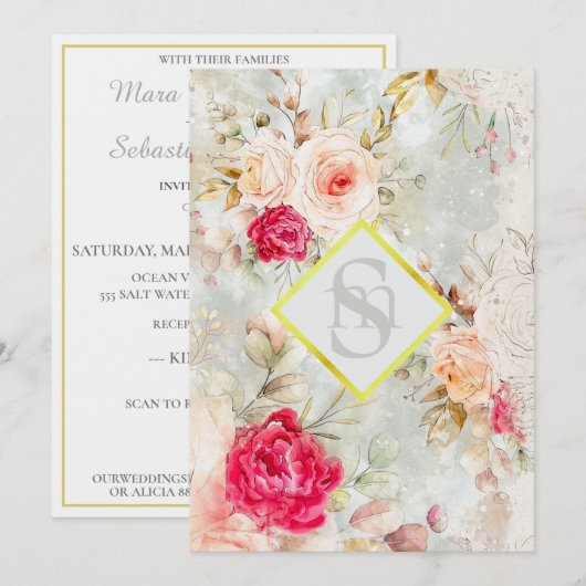 *~ Romantic  AR26 QR RSVP Floral Wedding I Kaart (Voorkant / Achterkant)