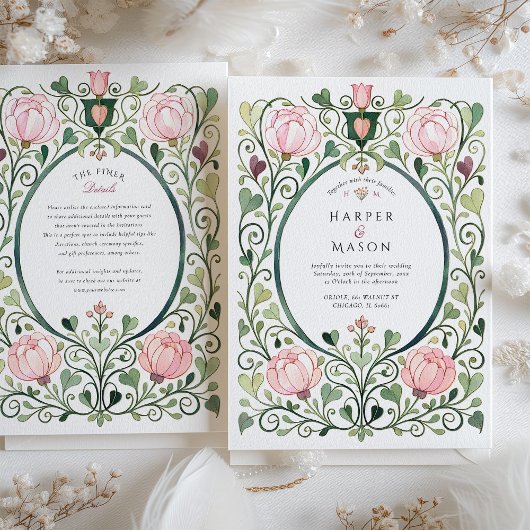 Romantic Art Nouveau Pink Peony Wedding Kaart