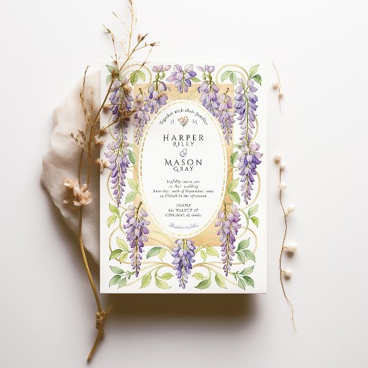 Romantic Art Nouveau Wisteria Gold Wedding Kaart