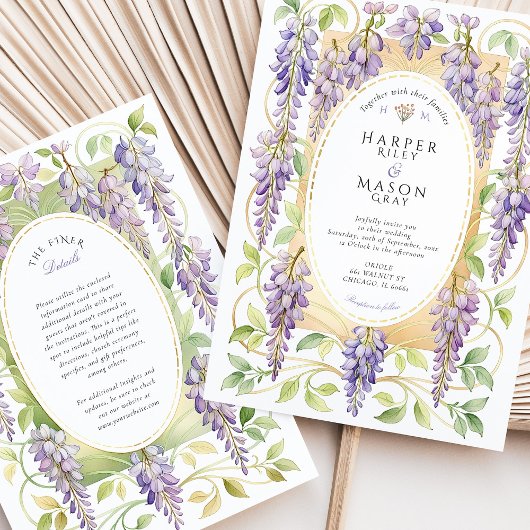Romantic Art Nouveau Wisteria Gold Wedding Kaart