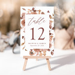 Romantic Autumn Floral Wedding Kaart<br><div class="desc">Elegant herfstbruidstaartnummerkaarten met het tabelnummer,  uw namen en de trouwdatum omgeven door waterverf bloemen en lofzool in druppels,  bogundy,  terracotta,  marsala & brown. Het warme en humeurige kleurenpalet maakt deze lijstaantallen perfect voor uw late zomer of herfst bruiloft.</div>