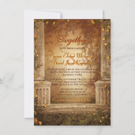 Romantic Autumn Leaves and Columns Wedding Invite Kaart (Voorkant)