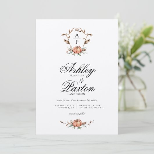 Romantic Autumn Pumpkin Monogram Weddenschap Kaart (Staand voorkant)