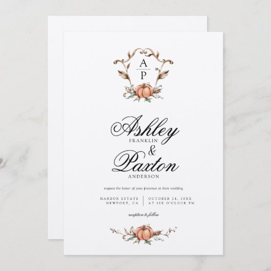 Romantic Autumn Pumpkin Monogram Weddenschap Kaart (Voorkant / Achterkant)