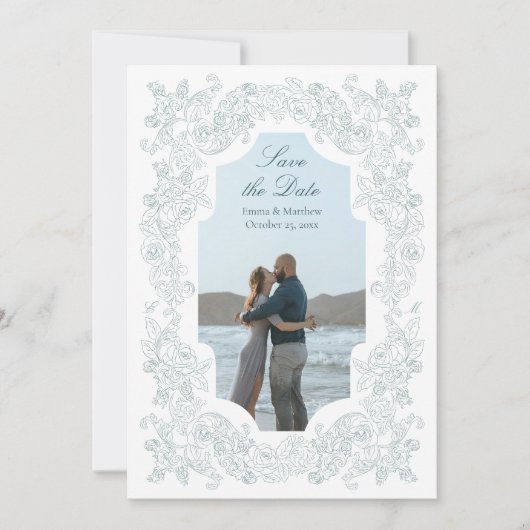 Romantic Baroque Dusty Blue Photo Save The Date (Voorkant)