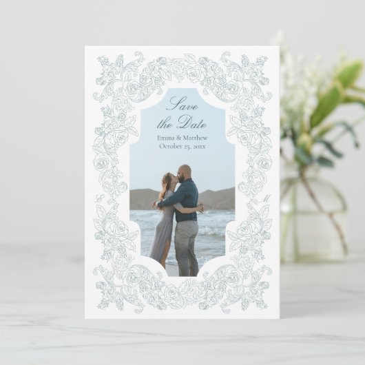 Romantic Baroque Dusty Blue Photo Save The Date (Staand voorkant)
