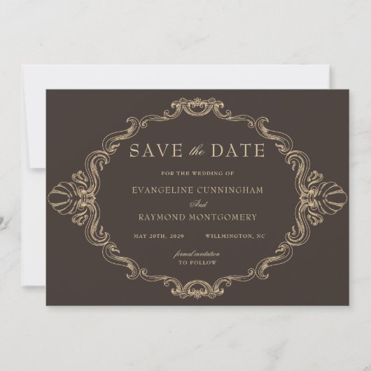 Romantic Baroque Ornate Frame Dark Brown Photo Save The Date (Voorkant)