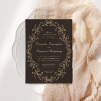 Romantic Baroque Ornate Frame Dark Brown Wedding Kaart