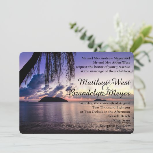 Romantic Beach Paars Sunset Weddenschap Kaart (Staand voorkant)