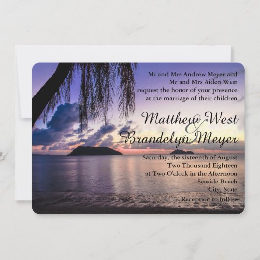 Romantic Beach Paars Sunset Weddenschap Kaart (Voorkant)