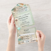 Romantic Beach Starfish & Pearls Elegant Wedding All In One Uitnodiging (Afscheurbaar)