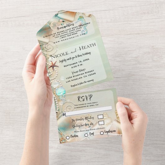 Romantic Beach Starfish & Pearls Elegant Wedding All In One Uitnodiging (Afscheurbaar)