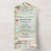 Romantic Beach Starfish & Pearls Elegant Wedding All In One Uitnodiging (Binnen)