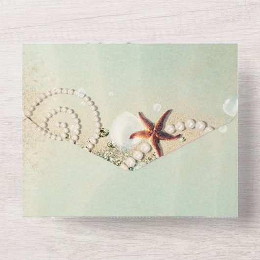 Romantic Beach Starfish & Pearls Elegant Wedding All In One Uitnodiging (Achterkant)