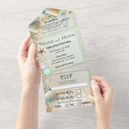 Romantic Beach Starfish & Pearls Elegant Wedding All In One Uitnodiging