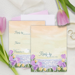 Romantic Beach Sunset Purple Florals Wedding Reply RSVP Kaartje