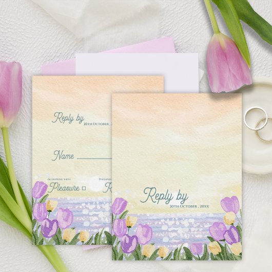 Romantic Beach Sunset Purple Florals Wedding Reply RSVP Kaartje