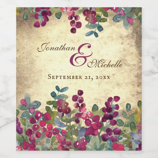 Romantic Berries en Greenery Garden Wedding Wijn Etiket (Enkel label)
