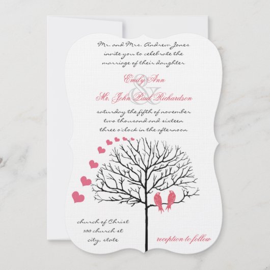 Romantic Birds Honeysuckle Pink Wedding Invite Kaart (Voorkant)