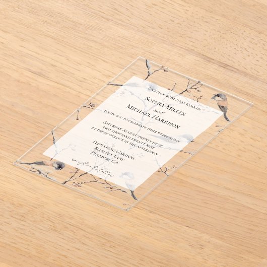 Romantic Birds in a Tree Wedding Acryl Uitnodigingen (Laagn)