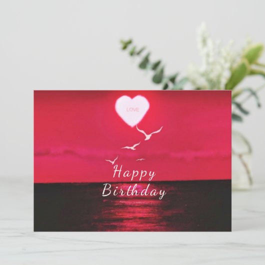 Romantic Birthday Kaart Red Zee Sunset Love Heart (Staand voorkant)