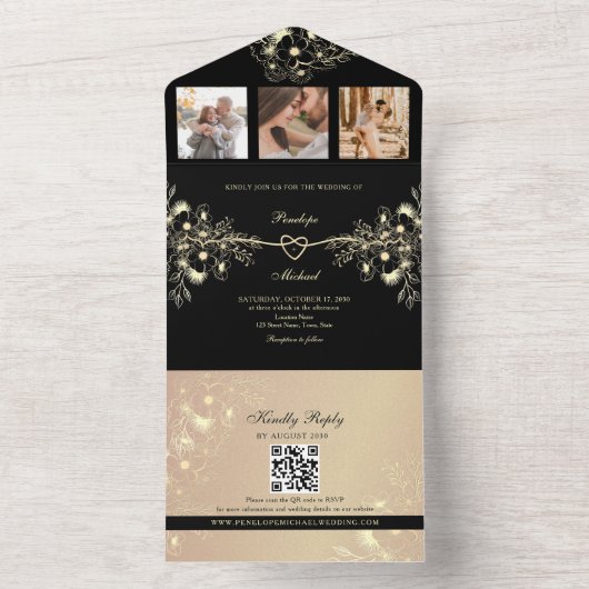 Romantic Black and Gold Wedding All In One Uitnodiging (Binnen)