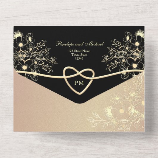 Romantic Black and Gold Wedding All In One Uitnodiging (Achterkant)
