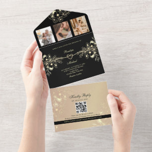 Romantic Black and Gold Wedding All In One Uitnodiging