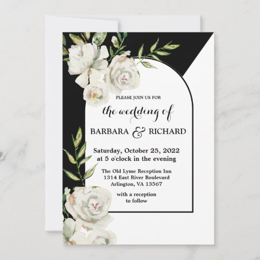 Romantic Black and White Floral Wedding Kaart (Voorkant)