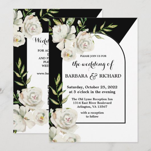 Romantic Black and White Floral Wedding Kaart (Voorkant / Achterkant)
