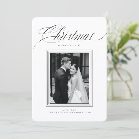 Romantic Black and White Newlywed Photo Christmas Feestdagenkaart (Staand voorkant)