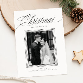 Romantic Black and White Newlywed Photo Christmas Feestdagenkaart