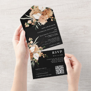 Romantic Black and White QR code Weddenschap All In One Uitnodiging