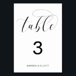 Romantic Black and White Typography Wedding Kaart<br><div class="desc">Typografie trouwlijstnummer met het woord "tafel" in een zwarte kalligrafie met een wasbeurt aan het einde, boven een witte achtergrond. Onderaan staan je namen. De aantallen van de lijst zijn nuttig als u zitplaats voor uw ontvangst hebt toegewezen en een aardige aanraking aan uw decor toevoegen. Voeg elk tabelnummer toe...</div>