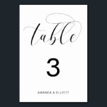 Romantic Black and White Typography Wedding Kaart<br><div class="desc">Typografie trouwlijstnummer met het woord "tafel" in een zwarte kalligrafie met een wasbeurt aan het einde, boven een witte achtergrond. Onderaan staan je namen. De aantallen van de lijst zijn nuttig als u zitplaats voor uw ontvangst hebt toegewezen en een aardige aanraking aan uw decor toevoegen. Voeg elk tabelnummer toe...</div>
