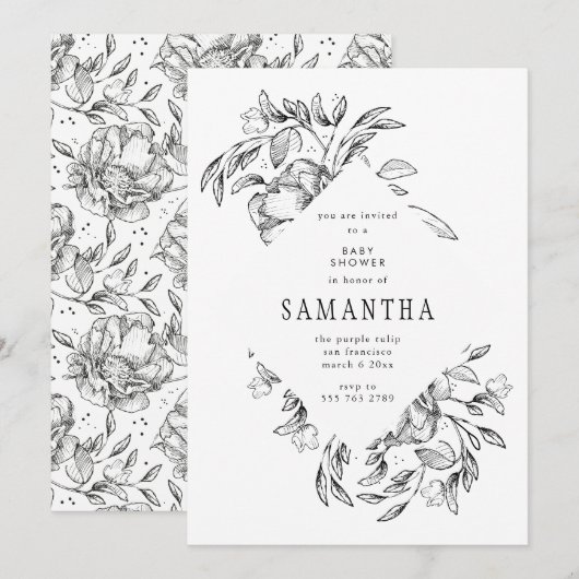 Romantic Black Floral Baby shower Invitation Kaart (Voorkant / Achterkant)