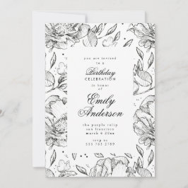 Romantic Black Floral Elegant Birthday Uitnodiging