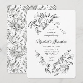 Romantic Black Floral Sketch Wedding Kaart