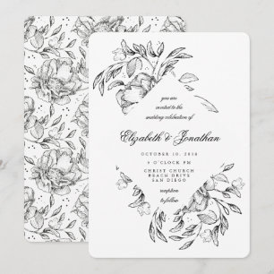 Romantic Black Floral Sketch Wedding Kaart