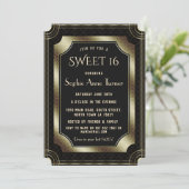 Romantic Black Great Gatsby Art Deco 20s SWEET 16 Kaart (Staand voorkant)