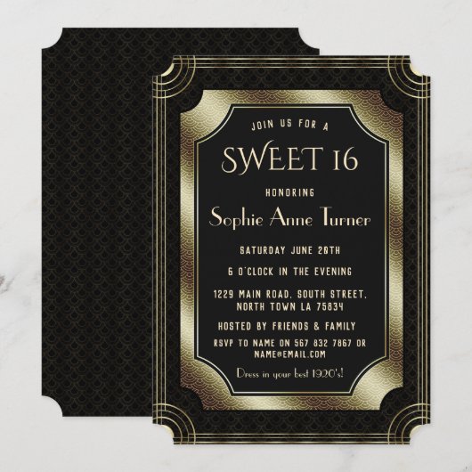 Romantic Black Great Gatsby Art Deco 20s SWEET 16 Kaart (Voorkant / Achterkant)