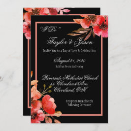 Romantic Black & Oranje Floral Script Weduwen Kaart