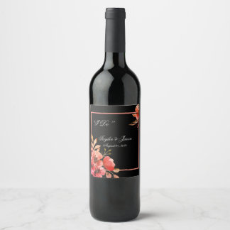 Romantic Black & Oranje Floral Script Weduwen Wijn Etiket