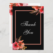 Romantic Black Oranje Peach Floral Script Weduwen Bedankkaart (Voorkant / Achterkant)