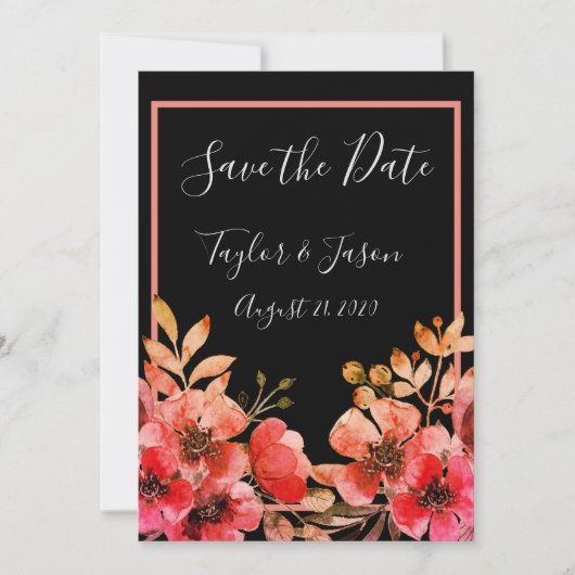 Romantic Black Peach Coral Floral Weduwschap Save The Date (Voorkant)