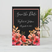 Romantic Black Peach Coral Floral Weduwschap Save The Date (Staand voorkant)
