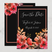 Romantic Black Peach Coral Floral Weduwschap Save The Date (Voorkant / Achterkant)