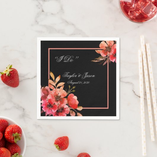 Romantic Black Peach Floral Script Weddenschap Servet (Insitu)