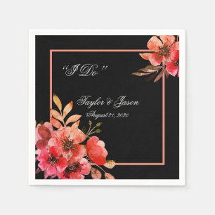 Romantic Black Peach Floral Script Weddenschap Servet
